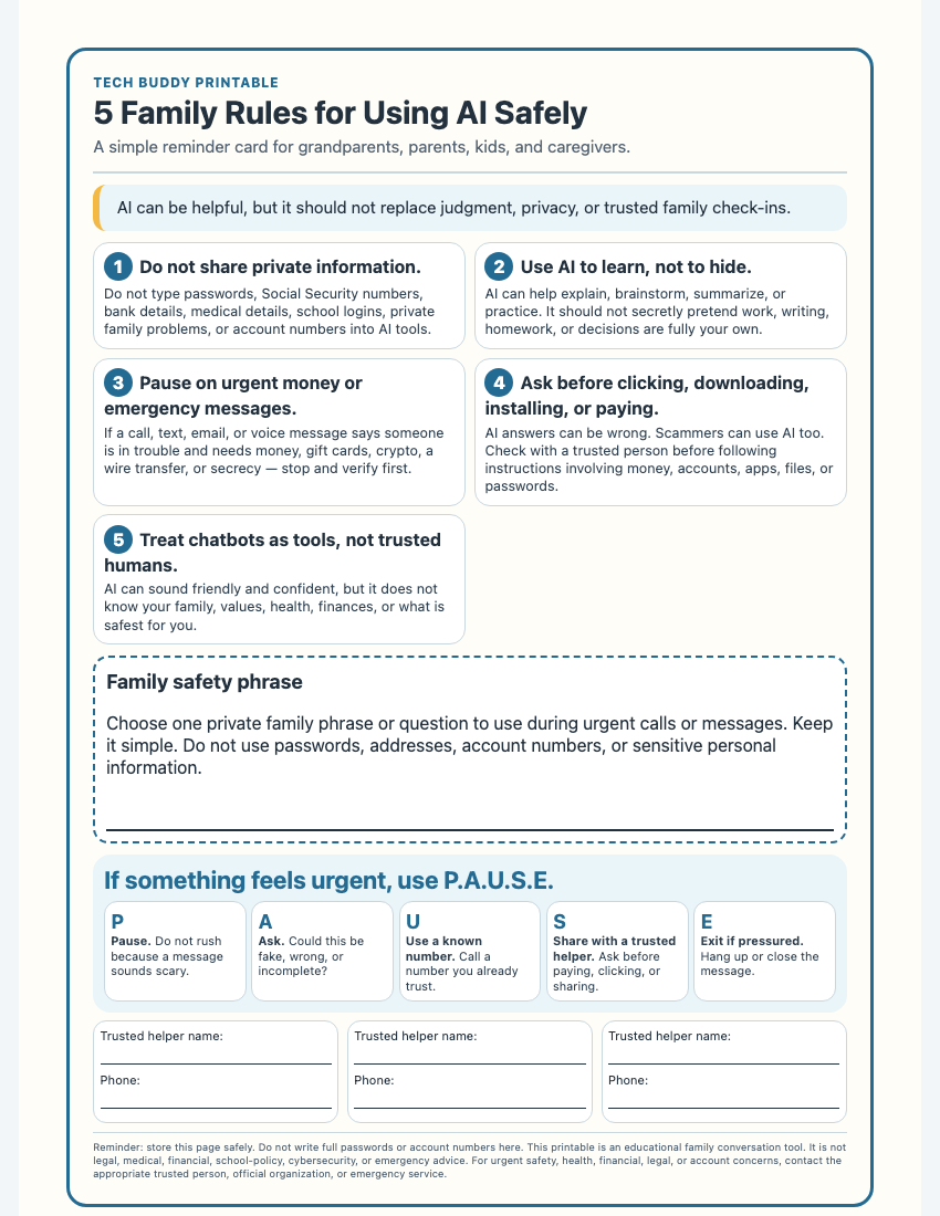 Preview of the Tech Buddy Family AI Safety Rules printable