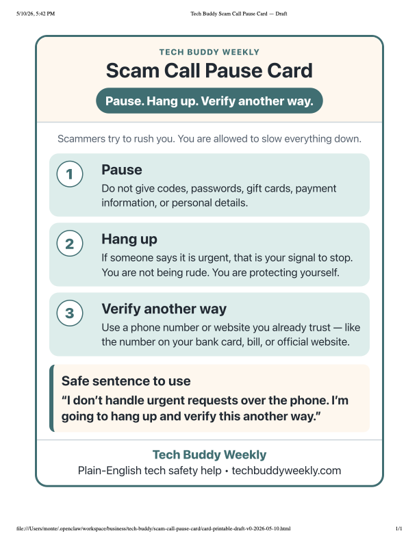 Preview of the Tech Buddy Scam Call Pause Card